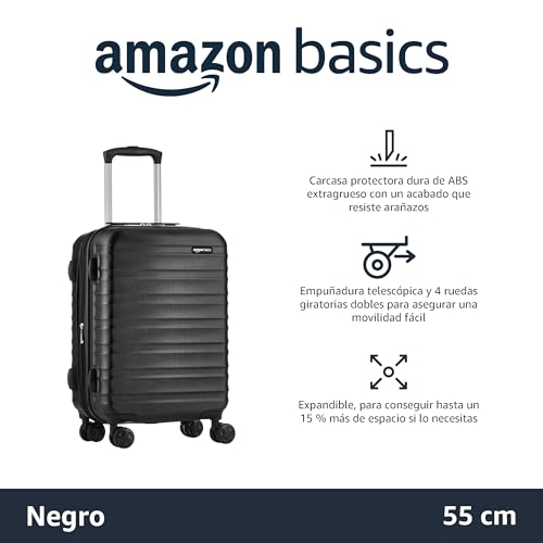 Amazon Basics - Maleta de viaje rígida giratoria - 55 cm, Tamaño de cabina, Negro