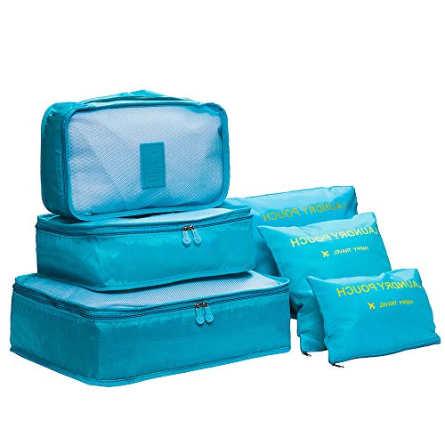 DoGeek- 6 en 1 Set de Organizador de Equipaje Perfecto para Viaje con Bolsa de Zapato,Impermeable Organizador de Maleta Bolsa para Ropa Sucia de Viaje, Material Nylon (6 pcs azul)