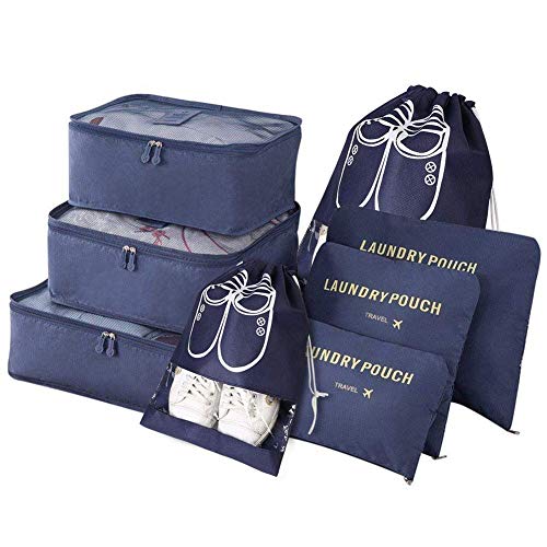 Vicloon Organizador de Equipaje,8 en 1 Set de Organizadores de Maleta de Viajes Impermeable con 3 Cubos de Embalaje,3 Bolsos de la Compresión y 2 Bolsas de Zapatos (Azul Oscuro)