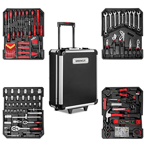 GREENCUT TOOLS819 - Set de herramientas con 819 piezas, maleta trolley 2 ruedas y asa telescopica, juego de herramientas de reparación del hogar, piezas para taller