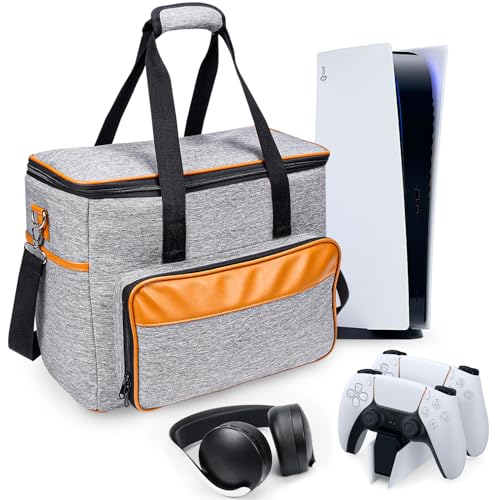 FPVtosky Funda de transporte para PS5, bolsa de viaje grande para Playstation 5, funda protectora de almacenamiento compatible con accesorios de consola Playstation 5, Gris+naranja, L, Maleta